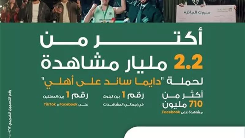 البنك الأهلي يتخطى 2.2 مليار مشاهدة على منصات التواصل بحملة دايمًا ساند على أهلي