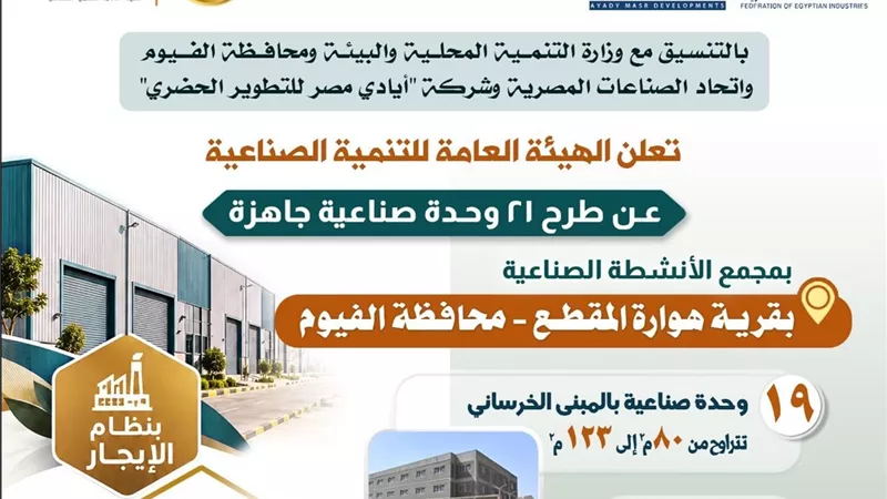 هيئة التنمية الصناعية تطرح 21 وحدة صناعية جاهزة للإيجار بالفيوم